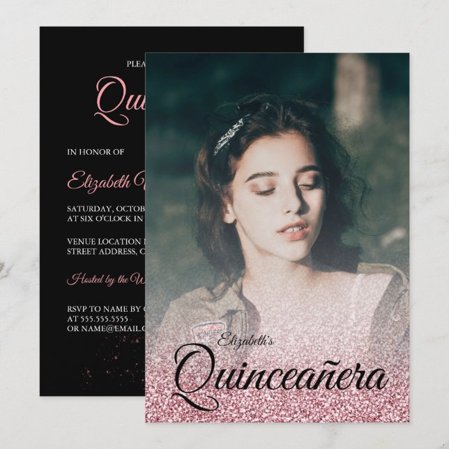 Black Rose Gold Glitter Dress Photo Quinceanera Invitation (Front/Back)