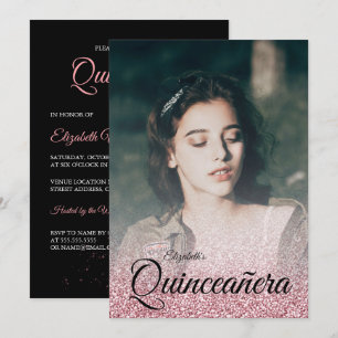 Black Rose Gold Glitter Dress Photo Quinceanera Invitation