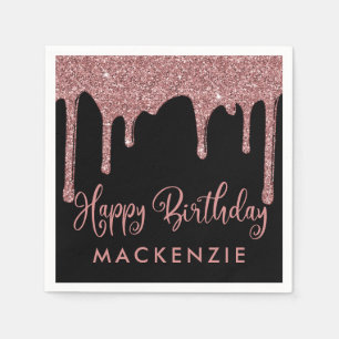 Black Rose Gold Glitter Drips Birthday Napkin