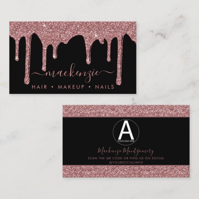 Black Rose Gold Glitter Drips Business Logo Business Card (Front/Back)