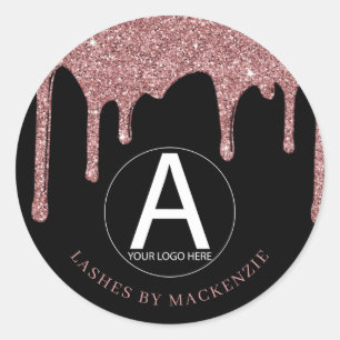 Black Rose Gold Glitter Drips Business Logo Classic Round Sticker
