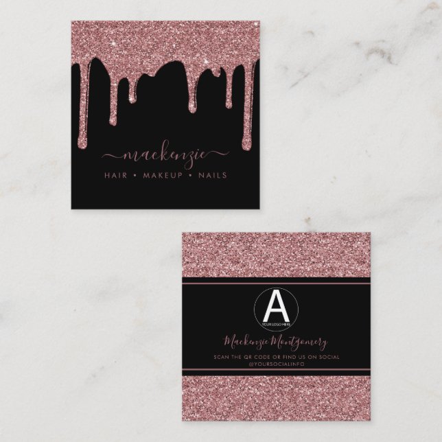 Black Rose Gold Glitter Drips Business Logo Square Business Card (Front/Back)