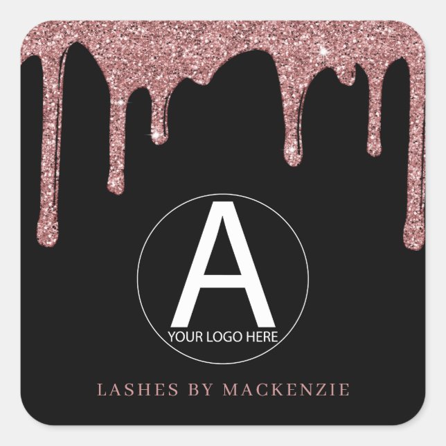 Black Rose Gold Glitter Drips Business Logo Square Sticker (Front)