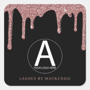 Black Rose Gold Glitter Drips Business Logo Square Sticker