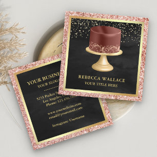 Black Rose Gold Glitter Drips Maroon Cake Bakery Square Business Card