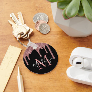 Black Rose Gold Glitter Drips Monogram Key Ring