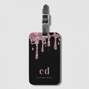 Black rose gold glitter drips monogram name luggage tag