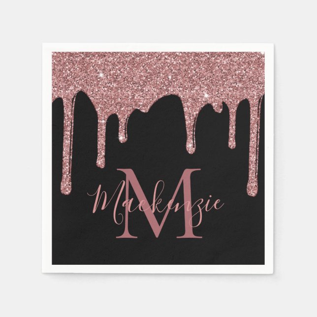 Black Rose Gold Glitter Drips Monogram Napkin (Front)