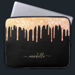 Black rose gold glitter drips name glamourous laptop sleeve<br><div class="desc">An elegant, girly and glam laptop sleeve. Faux gold glitter drips, paint dripping look. A chic black background. Personalise and add a name, written with a modern hand lettered style script with swashes. Golden coloured letters. To keep the swashes only delete the sample name, leave the spaces or emoji's in...</div>