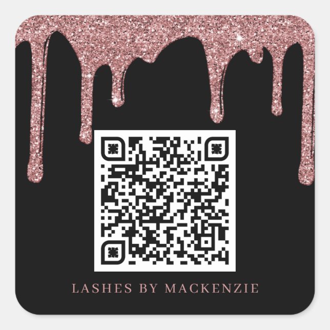 Black Rose Gold Glitter Drips QR Code Business Square Sticker (Front)