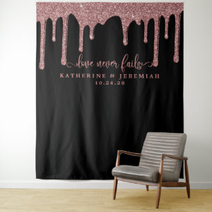 Black Rose Gold Glitter Drips Wedding Backdrop Tapestry