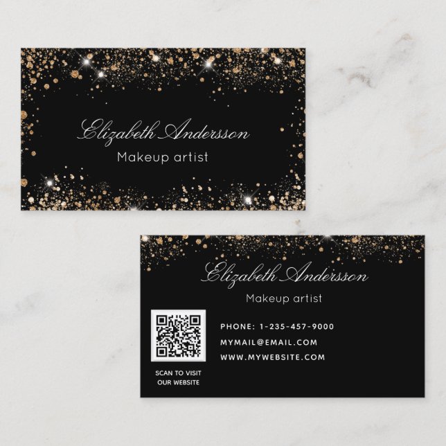 Black rose gold glitter dust elegant QR code Business Card (Front/Back)