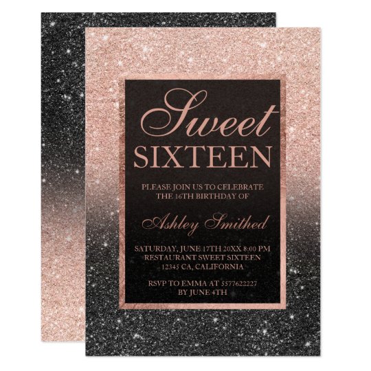 Black rose gold glitter elegant chic Sweet 16 Card