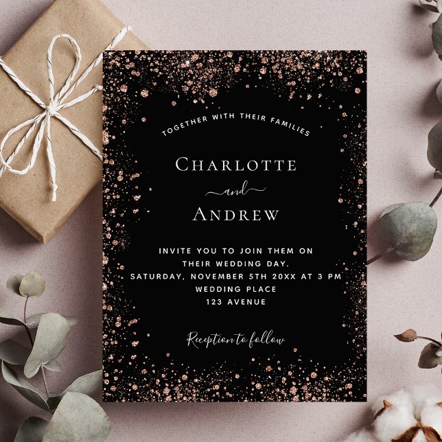 Black rose gold glitter elegant wedding invitation postcard (Creator Uploaded)