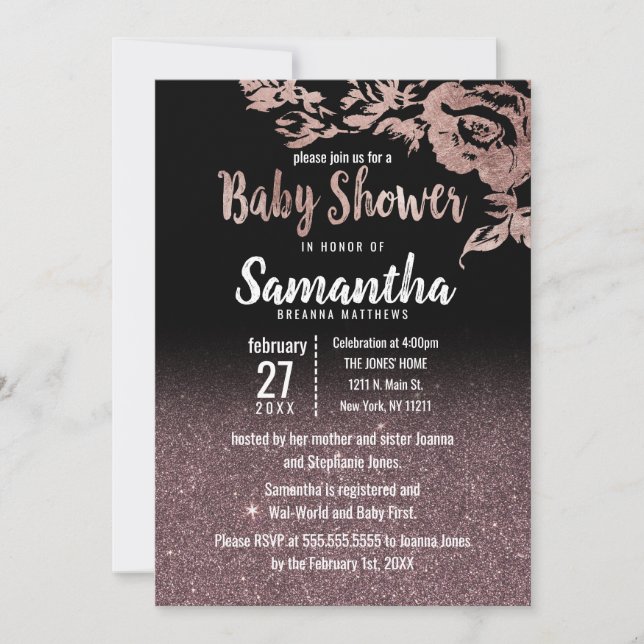 Black Rose Gold Glitter Floral Baby Shower Invitation (Front)