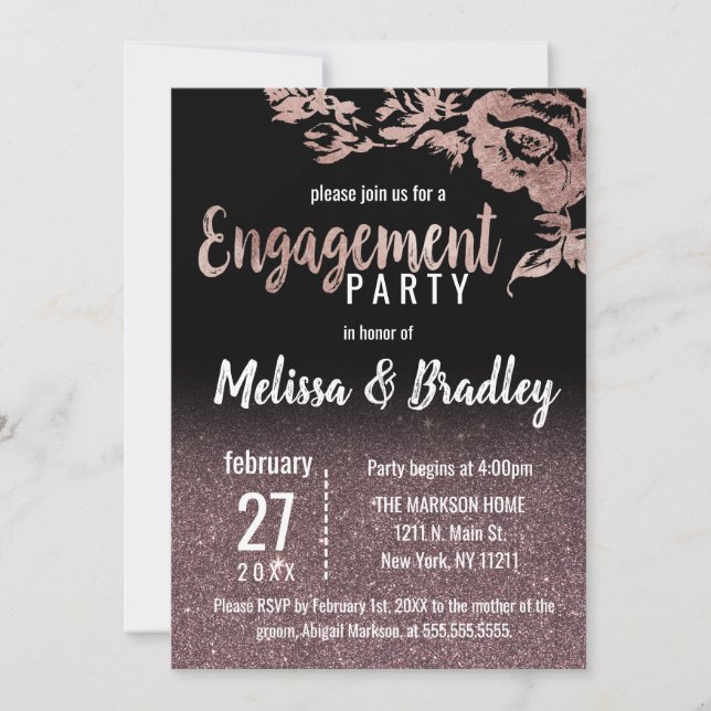 Black Rose Gold Glitter Floral Engagement Invitation (Front)