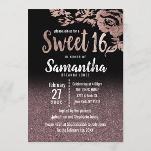 Black Rose Gold Glitter Floral Gradient Sweet 16 Invitation