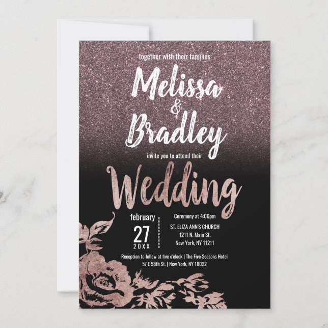Black Rose Gold Glitter Floral Gradient Wedding Invitation (Front)