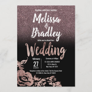 Black Rose Gold Glitter Floral Gradient Wedding Invitation