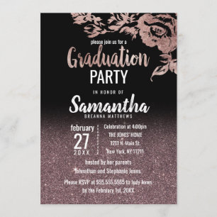 Black Rose Gold Glitter Floral Graduation Invitation