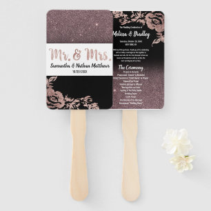 Black Rose Gold Glitter Floral Wedding Program Hand Fan