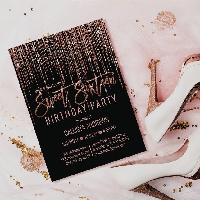 Black Rose Gold Glitter Fringe Curtain Sweet 16 Invitation (Creator Uploaded)