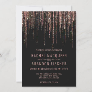 Black Rose Gold Glitter Fringe Curtain Wedding Invitation