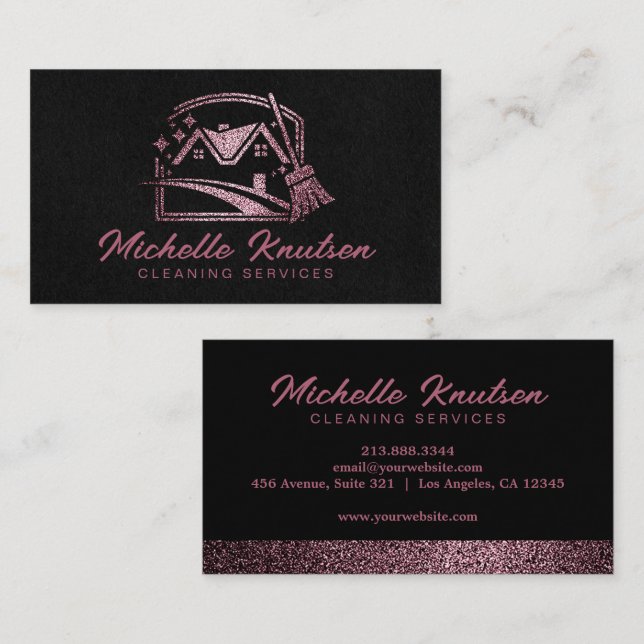 Black Rose Gold Glitter House Cleaning Service     Business Card (Front/Back)