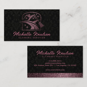 Black Rose Gold Glitter House Cleaning Service     Business Card