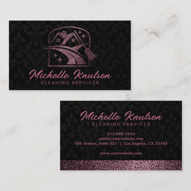 Black Rose Gold Glitter House Cleaning Service     Business Card (Front/Back)