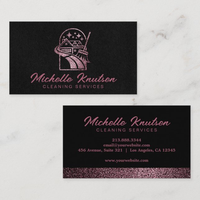 Black Rose Gold Glitter House Cleaning Service     Business Card (Front/Back)