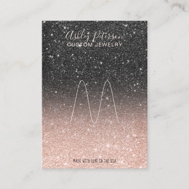 Black rose gold glitter jewellery ring display business card (Front)