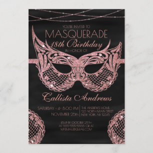 Black Rose Gold Glitter Lace Masquerade Birthday Invitation