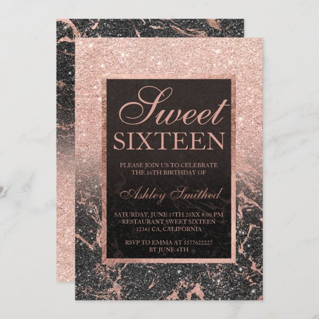 Black rose gold glitter marble chic Sweet 16 Invitation (Front/Back)