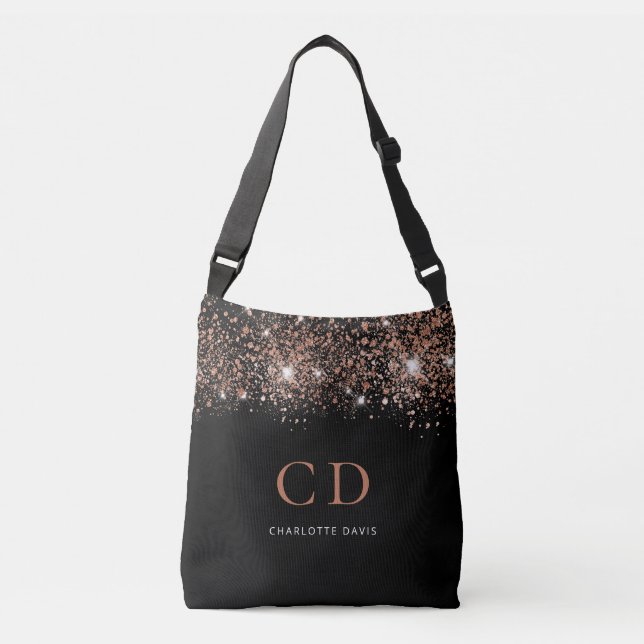 Black rose gold glitter monogram initials name crossbody bag (Front)