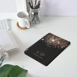 Black rose gold glitter monogram name elegant iPad pro cover<br><div class="desc">A chic black background decorated with rose gold glitter drops.  Personalise and add your monogram initials and name.  Rose gold and white coloured text.</div>