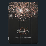 Black rose gold glitter monogram name elegant  iPad pro cover<br><div class="desc">A chic black background decorated with rose gold glitter drops.  Personalise and add your first name,  monogram initials and full name.  Rose gold and white coloured text.   The first name is written with a modern hand lettered style script.</div>