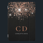 Black rose gold glitter monogram name elegant  iPad pro cover<br><div class="desc">A chic black background decorated with rose gold glitter drops.  Personalise and add your monogram initials and name.  Rose gold and white coloured text.</div>