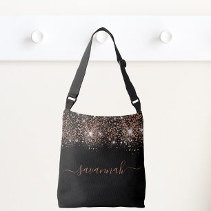 Black rose gold glitter monogram script crossbody bag