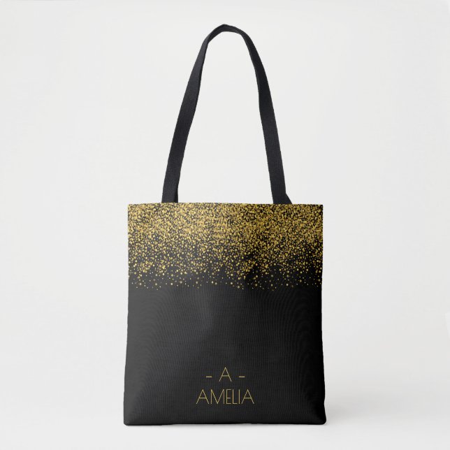 Black rose gold glitter monogram script tote (Front)