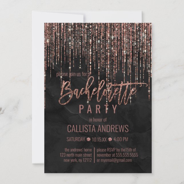 Black Rose Gold Glitter Pearl Marble Bachelorette Invitation (Front)