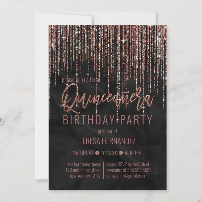 Black Rose Gold Glitter Pearl Marble Quinceañera Invitation (Front)