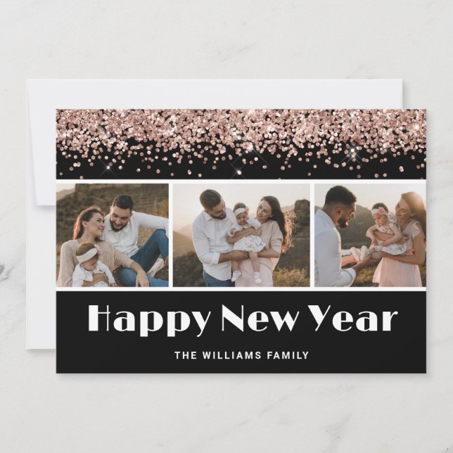Black Rose Gold Glitter Photo Happy New Year Card (Front)