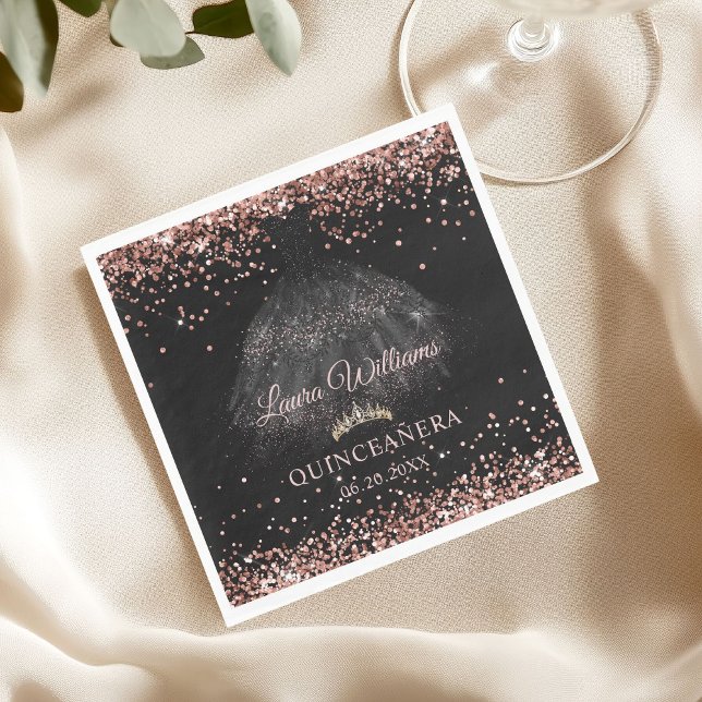 Black & Rose Gold Glitter Princess Quinceañera  Napkin (Rose gold and Black Princess Quinceañeras party napkin)