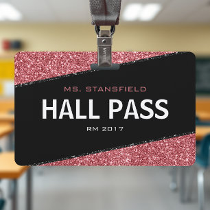 Black & Rose Gold Glitter School Teacher Hall Pass ID Badge