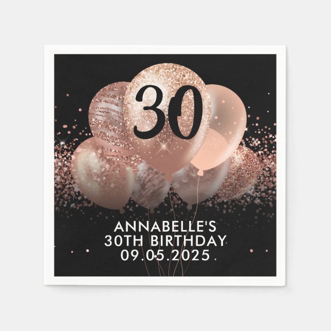 Black Rose Gold Glitter Sparkle Balloon Birthday Napkin (Front)