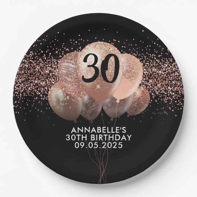 Black Rose Gold Glitter Sparkle Balloon Birthday Paper Plate (Front)