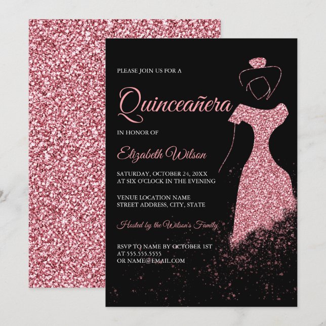 Black Rose Gold Glitter Sparkle Dress Quinceanera Invitation (Front/Back)