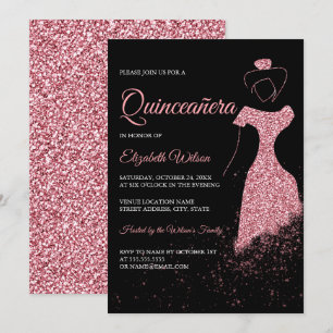 Black Rose Gold Glitter Sparkle Dress Quinceanera Invitation