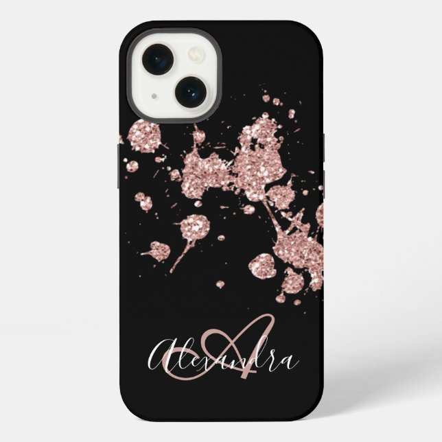 Black Rose Gold Glitter Sparkles Monogram iPhone Case (Back)